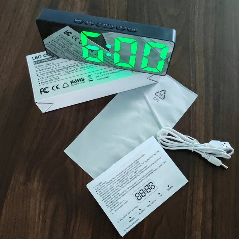 Electronic Alarm Clock Noiseless Design Digital LED Large Display Mirror Electronic Clock Digital Alarm Clock LED Mirror Clocks
